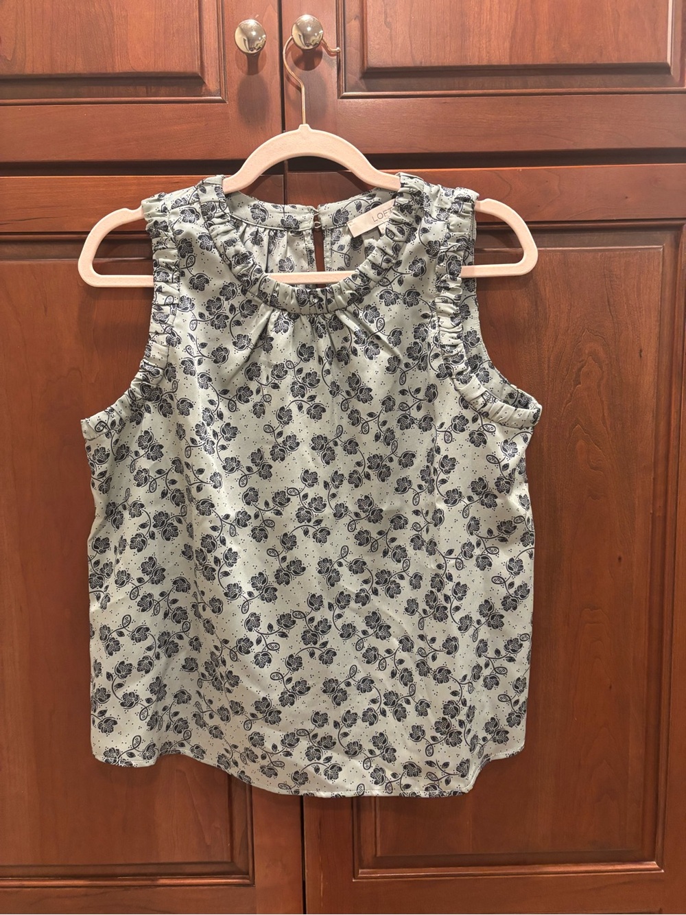 LOFT Sleeveless Floral Ruffle Neck Blouse - Light Mint & Navy